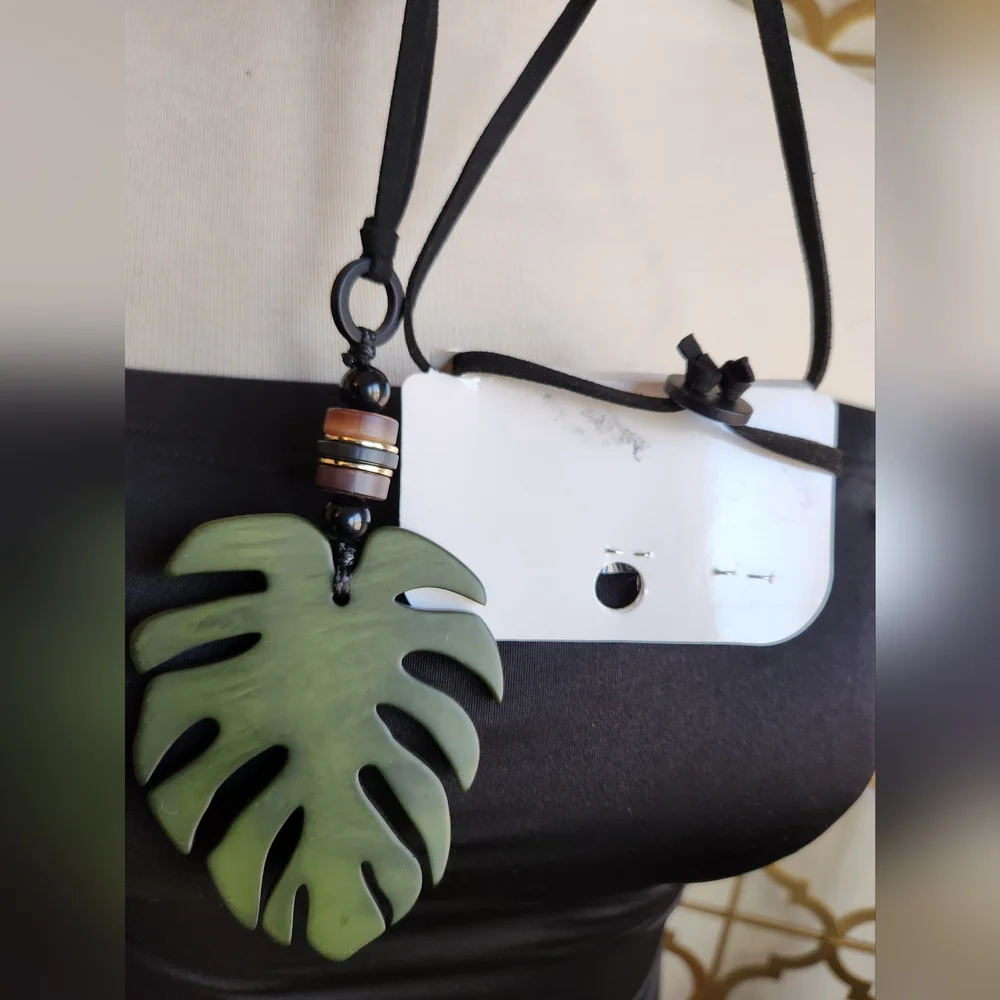 🪴Monstera Leaf Pendant Necklace on Black Cord🪴 - Picture 9 of 12